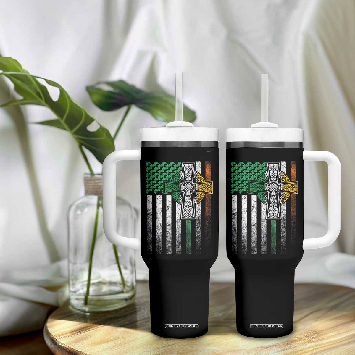 Irish Pride Tumbler With Handle American Flag Celtic Cross Shamrock St Patrick's Day TS11 Print Your Wear