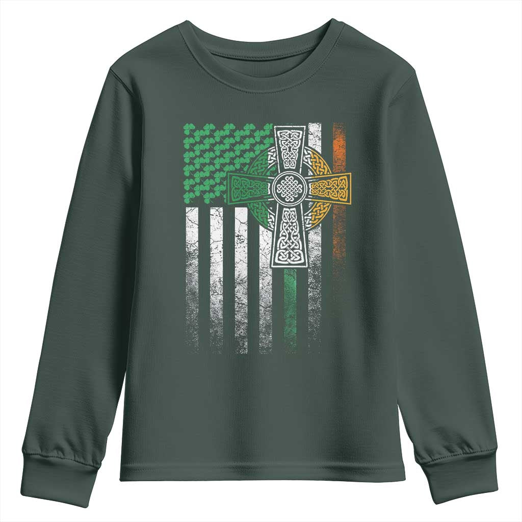 Irish Pride Youth Sweatshirt American Flag Celtic Cross Shamrock St Patrick's Day TS11 Dark Forest Green Print Your Wear
