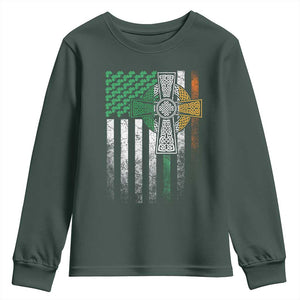 Irish Pride Youth Sweatshirt American Flag Celtic Cross Shamrock St Patrick's Day TS11 Dark Forest Green Print Your Wear