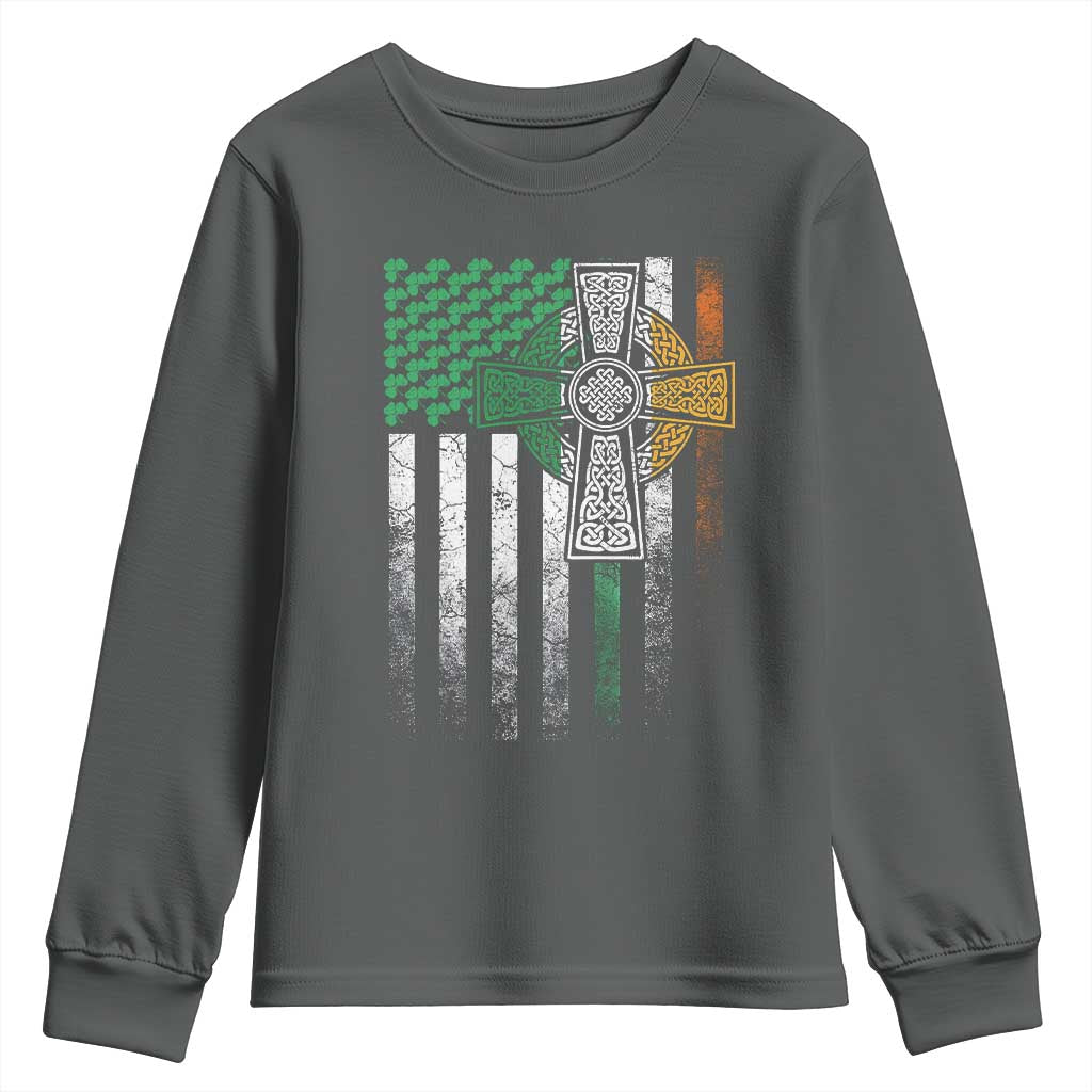Irish Pride Youth Sweatshirt American Flag Celtic Cross Shamrock St Patrick's Day TS11 Dark Heather Print Your Wear