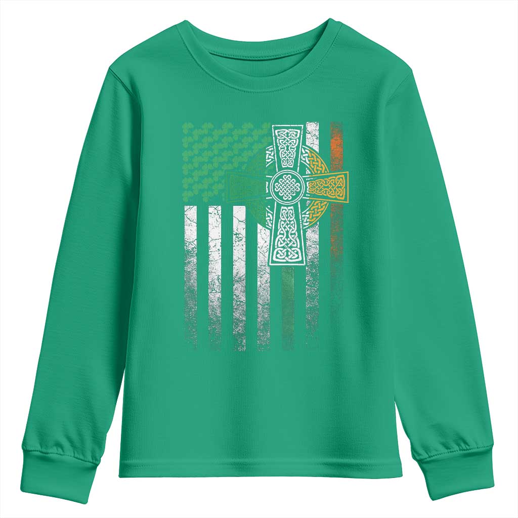 Irish Pride Youth Sweatshirt American Flag Celtic Cross Shamrock St Patrick's Day TS11 Irish Green Print Your Wear