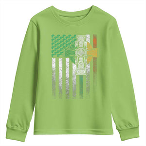 Irish Pride Youth Sweatshirt American Flag Celtic Cross Shamrock St Patrick's Day TS11 Lime Print Your Wear