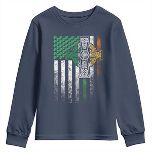 Irish Pride Youth Sweatshirt American Flag Celtic Cross Shamrock St Patrick's Day TS11 Navy Print Your Wear