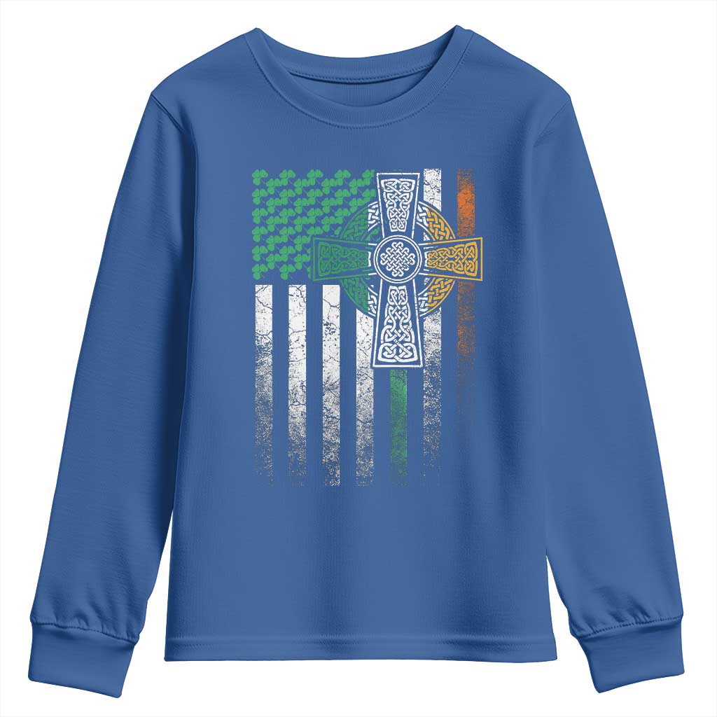 Irish Pride Youth Sweatshirt American Flag Celtic Cross Shamrock St Patrick's Day TS11 Royal Blue Print Your Wear