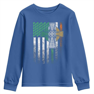 Irish Pride Youth Sweatshirt American Flag Celtic Cross Shamrock St Patrick's Day TS11 Royal Blue Print Your Wear