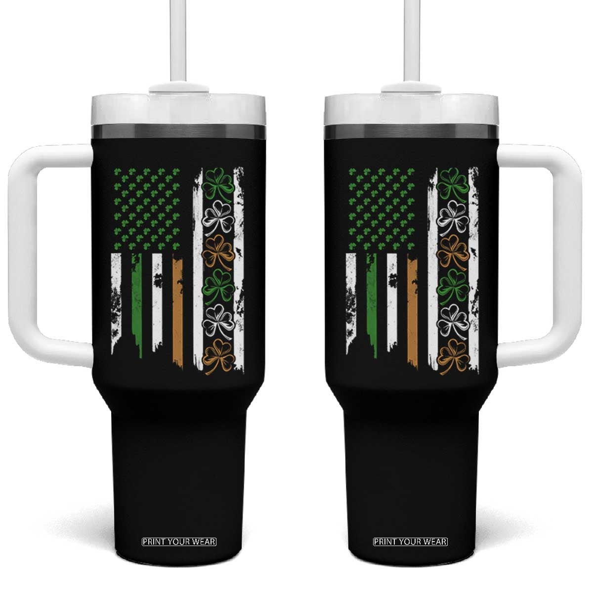 Funny Irish American Vintage Shamrock Flag Tumbler With Handle TS11 One Size: 40 oz Black Print Your Wear