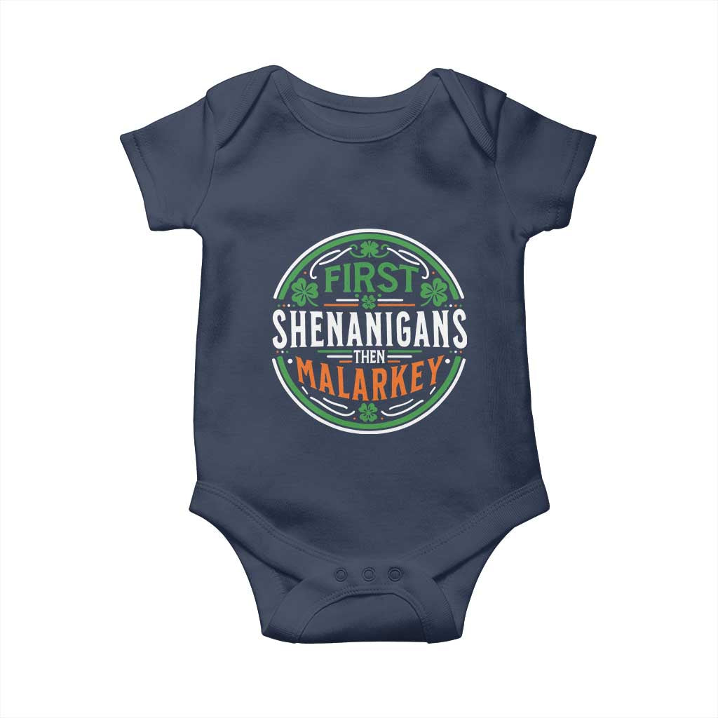 Funny First Shenanigans Then Malarkey Baby Onesie Irish Shamrock St Patrick's Day TS11 Navy Print Your Wear