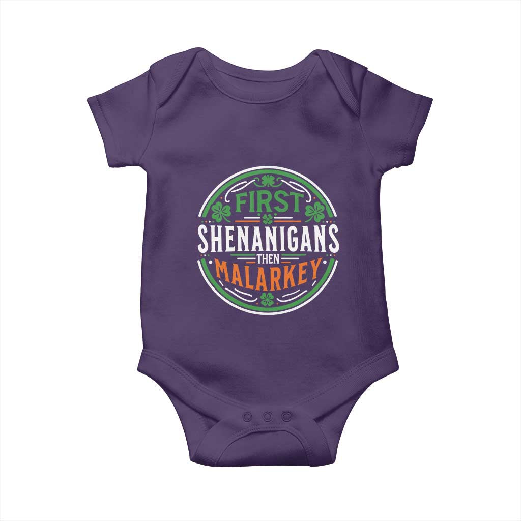 Funny First Shenanigans Then Malarkey Baby Onesie Irish Shamrock St Patrick's Day TS11 Purple Print Your Wear