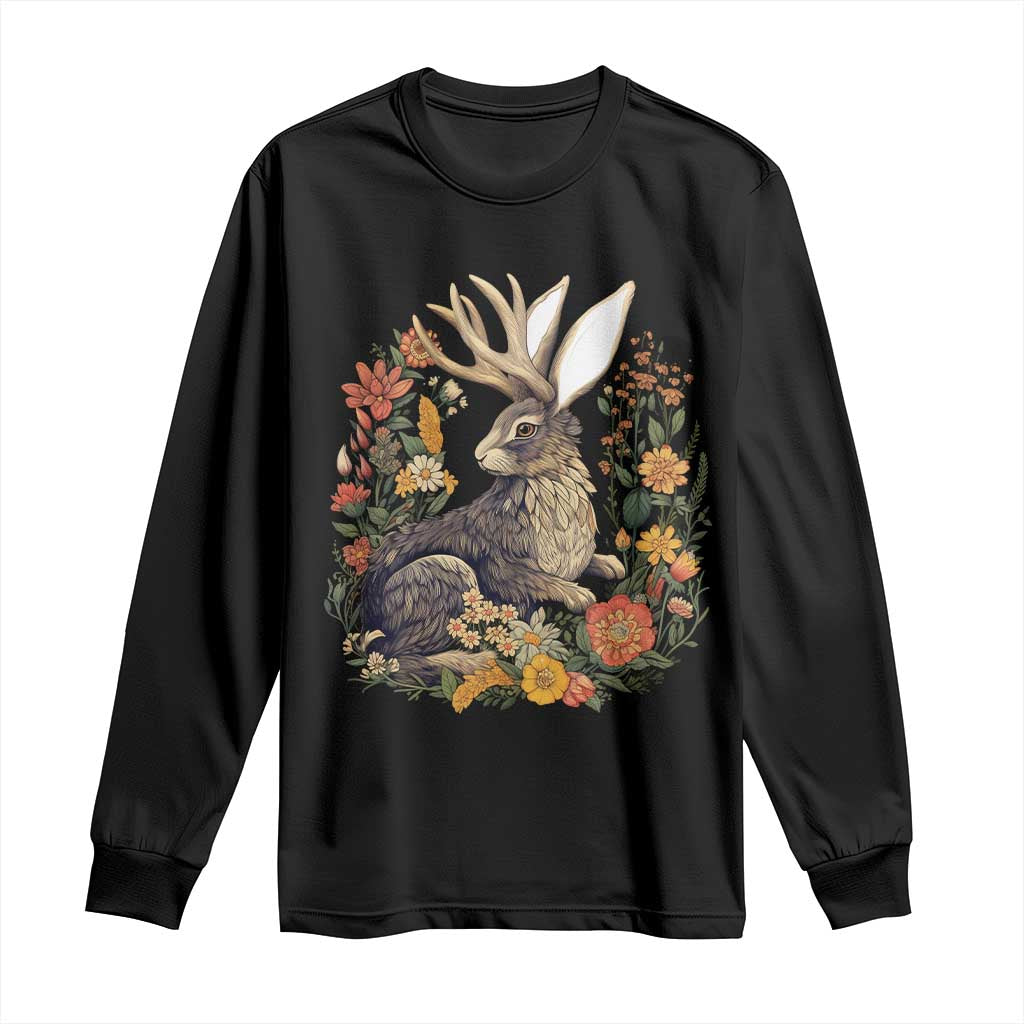Funny Easter Day Jackalope Rabbit Vintage Flowers Cottagecore Long Sleeve Shirt TS11 Black Print Your Wear