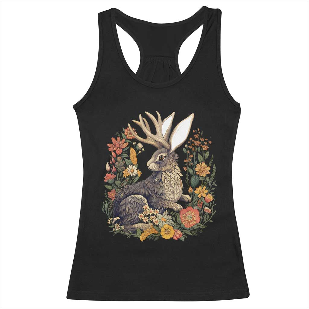 Funny Easter Day Jackalope Rabbit Vintage Flowers Cottagecore Racerback Tank Top TS11 Black Print Your Wear