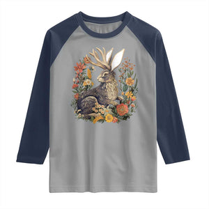 Funny Easter Day Jackalope Rabbit Vintage Flowers Cottagecore Raglan Shirt TS11 Sport Gray Navy Print Your Wear
