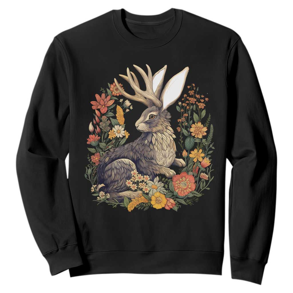 Funny Easter Day Jackalope Rabbit Vintage Flowers Cottagecore Sweatshirt TS11 Black Print Your Wear