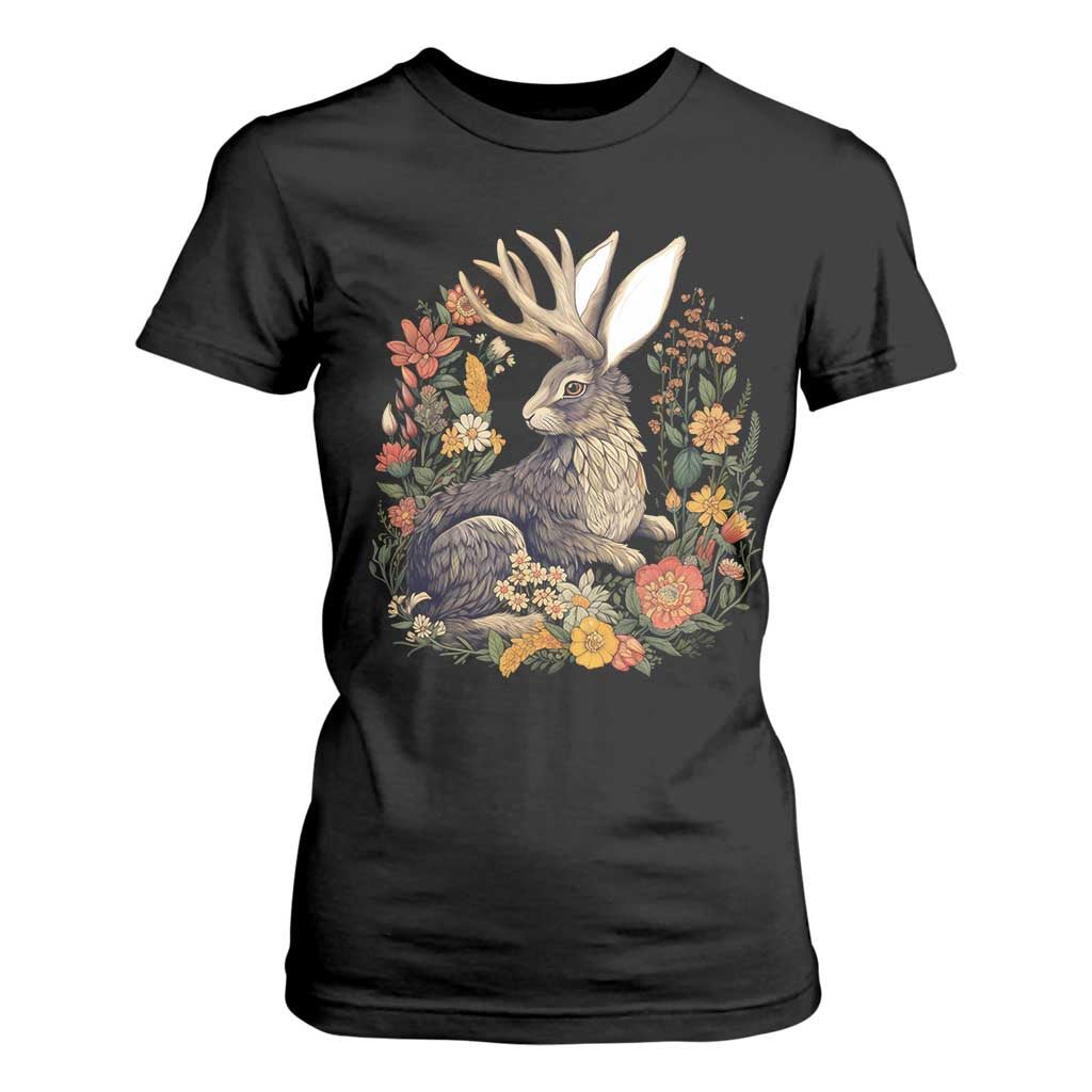 Funny Easter Day Jackalope Rabbit Vintage Flowers Cottagecore T Shirt For Women TS11 Black Print Your Wear