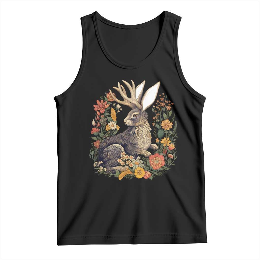 Funny Easter Day Jackalope Rabbit Vintage Flowers Cottagecore Tank Top TS11 Black Print Your Wear