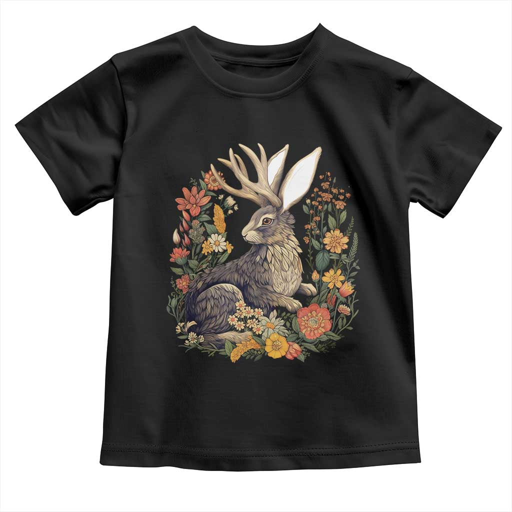 Funny Easter Day Jackalope Rabbit Vintage Flowers Cottagecore Toddler T Shirt TS11 Black Print Your Wear