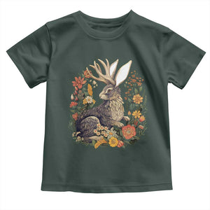 Funny Easter Day Jackalope Rabbit Vintage Flowers Cottagecore Toddler T Shirt TS11 Dark Forest Green Print Your Wear