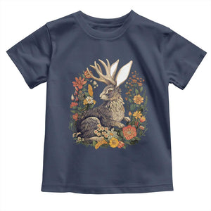 Funny Easter Day Jackalope Rabbit Vintage Flowers Cottagecore Toddler T Shirt TS11 Navy Print Your Wear