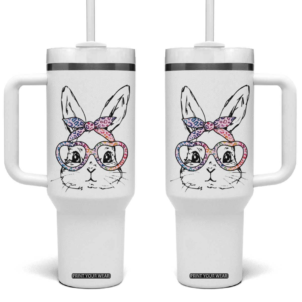 Easter Day Bunny Rabbit Face Tie Dye Glasses Tumbler With Handle TS11 One Size: 40 oz White Print Your Wear