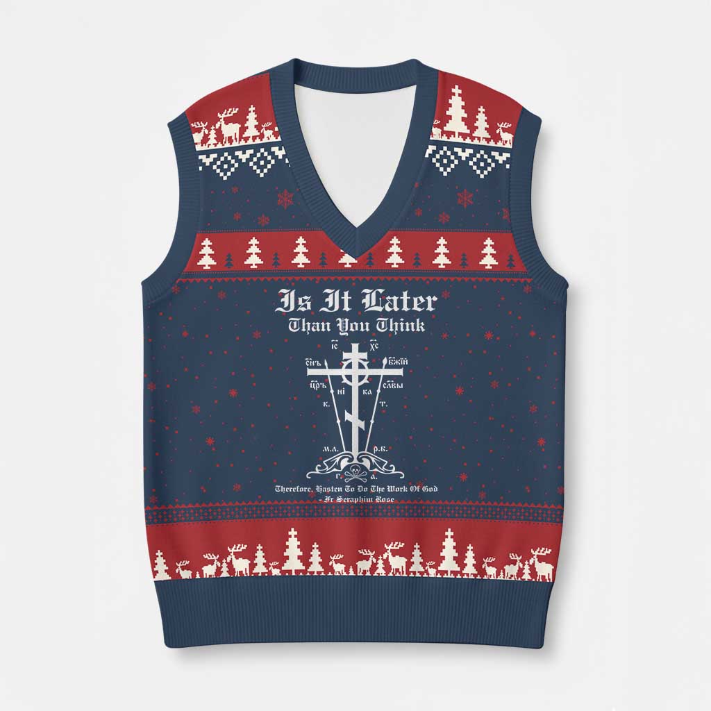 Eastern Orthodox Christian Seraphim Rose V-Neck Knit Sweater Vest Is It Rather Than You Think Russian Cavalry Cross TS11 Navy Red Print Your Wear