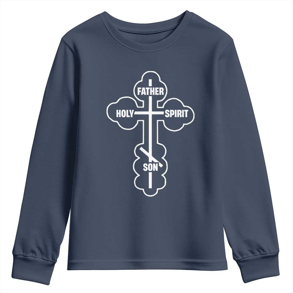 Russian Greek Byzantine Golden Orthodox Cross Father Son Holy Spirit Youth Sweatshirt TS11 Navy Print Your Wear