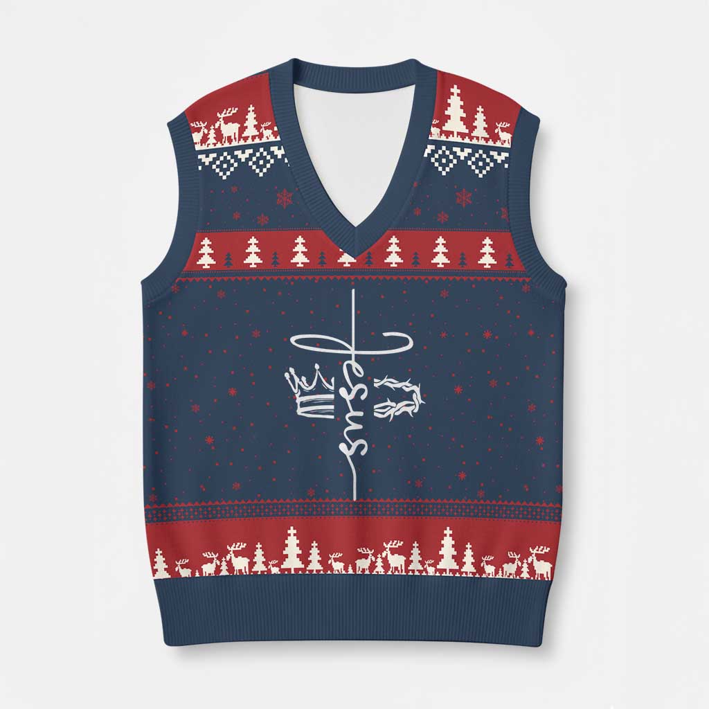 Jesus Christian Lord & Savior Crown of Thorns V-Neck Knit Sweater Vest TS11 Navy Red Print Your Wear