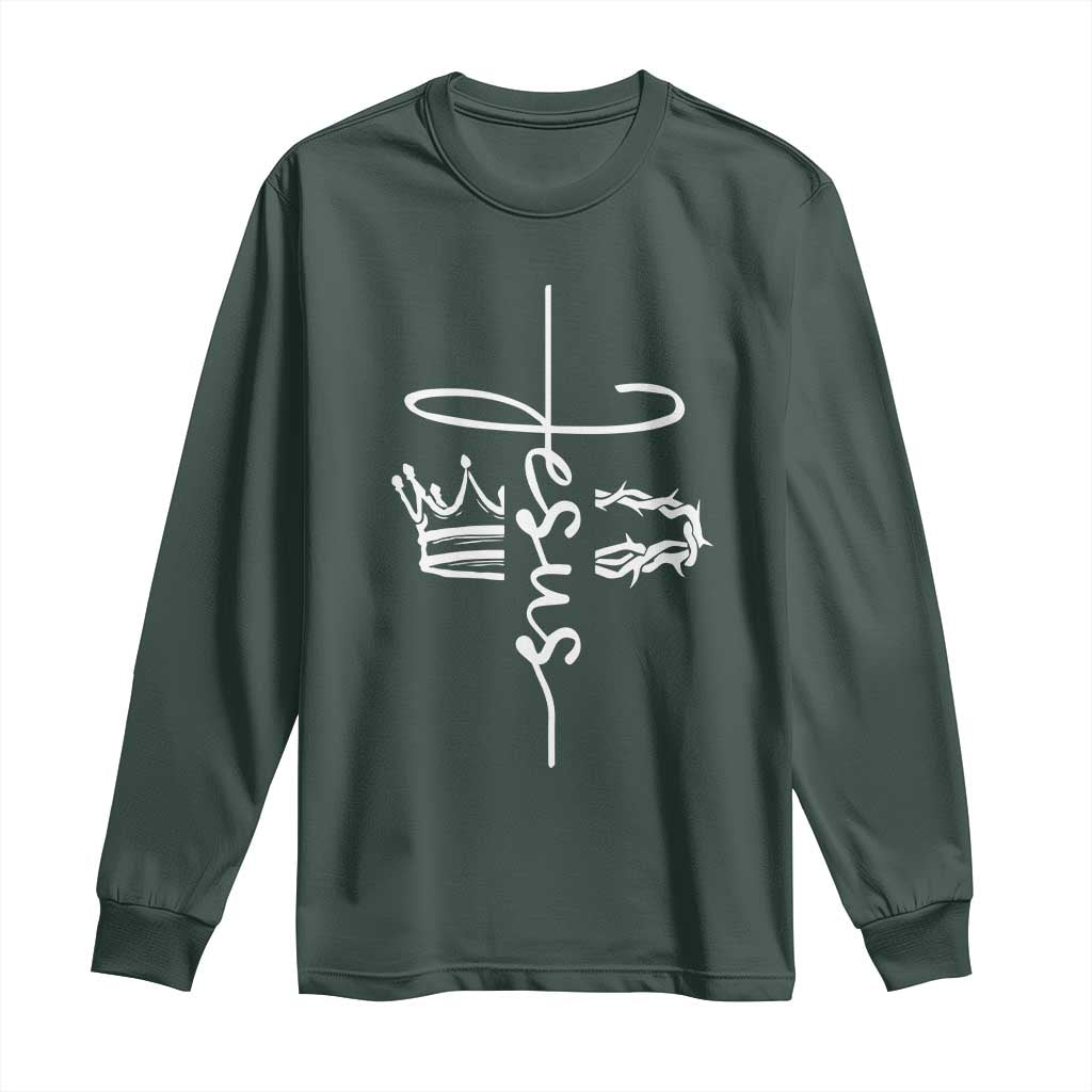Jesus Christian Lord & Savior Crown of Thorns Long Sleeve Shirt TS11 Dark Forest Green Print Your Wear