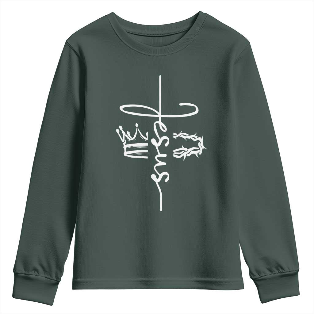 Jesus Christian Lord & Savior Crown of Thorns Youth Sweatshirt TS11 Dark Forest Green Print Your Wear