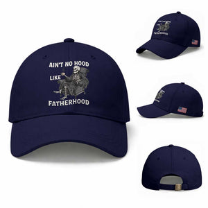 Funny Ain't No Hood Like Fatherhood Baseball Cap Skeleton Dad Father's Day TS11 Baseball Cap Universal Fit Dark Blue Print Your Wear
