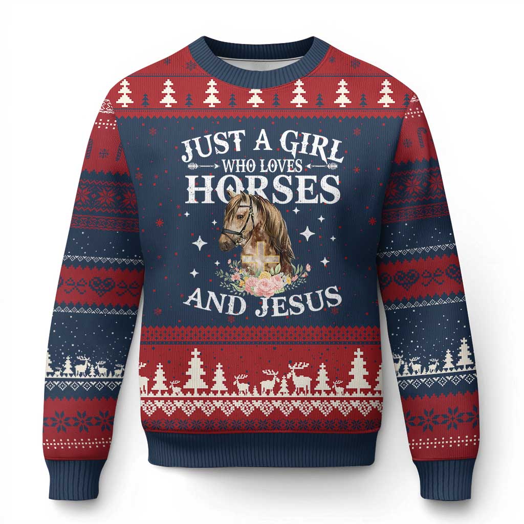 Just A Girl Who Loves Horses And Jesus Ugly Christmas Sweater Christian Girls Horse TS11 Navy Red Print Your Wear