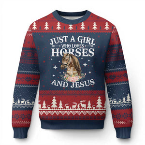 Just A Girl Who Loves Horses And Jesus Ugly Christmas Sweater Christian Girls Horse TS11 Navy Red Print Your Wear