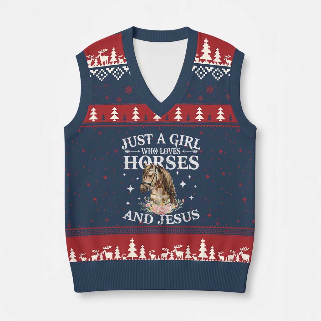 Just A Girl Who Loves Horses And Jesus V-Neck Knit Sweater Vest Christian Girls Horse TS11 Navy Red Print Your Wear
