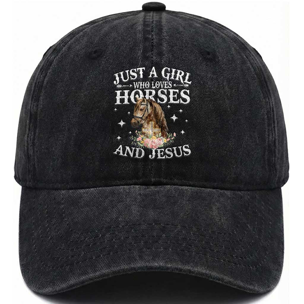 Just A Girl Who Loves Horses And Jesus Washed Cotton Baseball Cap Christian Girls Horse TS11 Print Your Wear