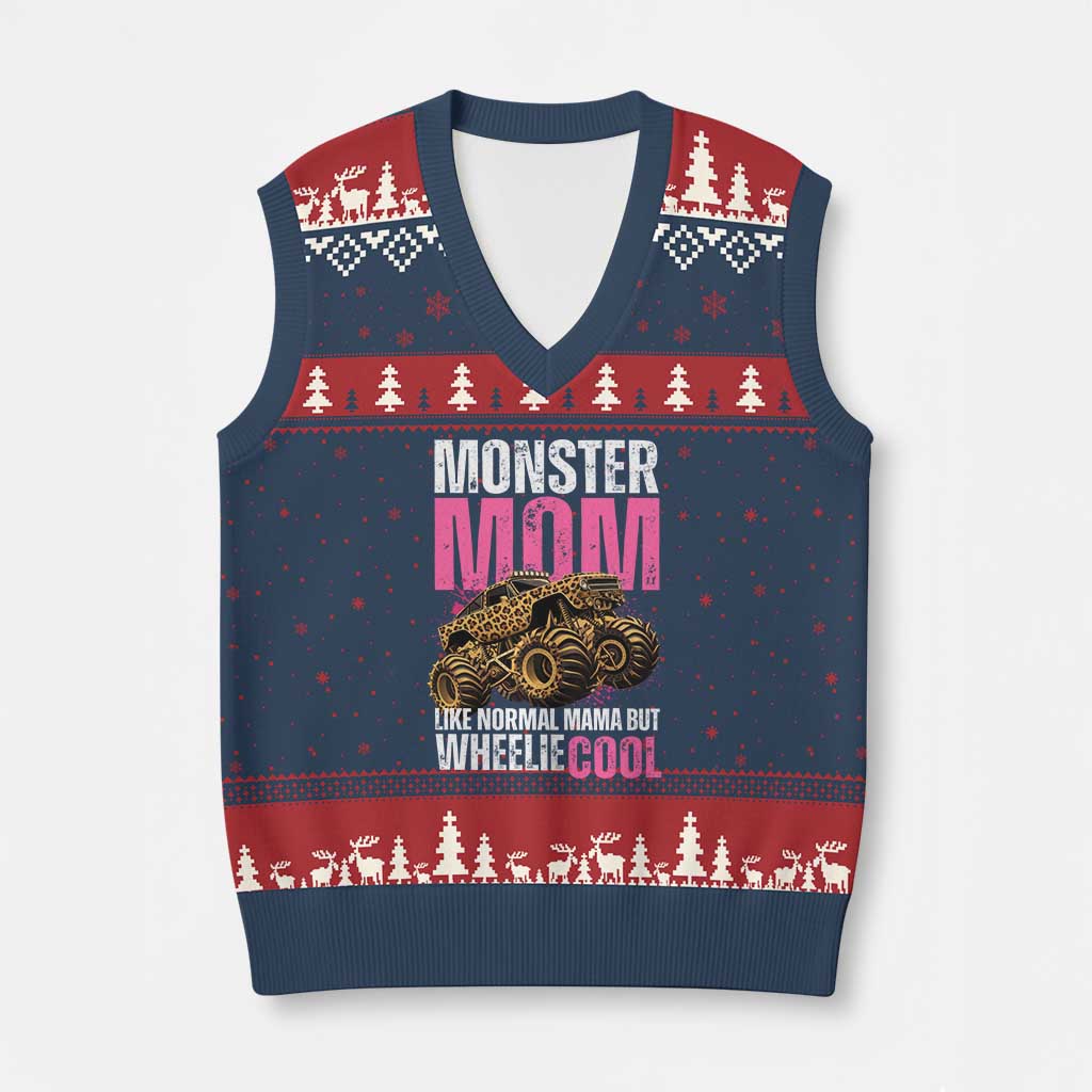 Monster Mom Like Normal Mama But Wheelie Cool V-Neck Knit Sweater Vest Monster Truck Mama TS11 Navy Red Print Your Wear