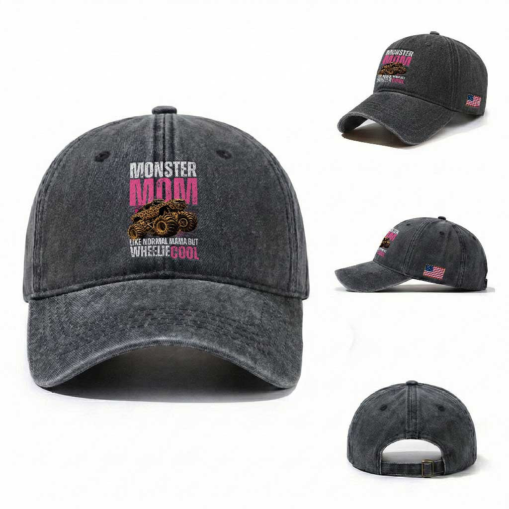 Monster Mom Like Normal Mama But Wheelie Cool Washed Cotton Baseball Cap Monster Truck Mama TS11 Washed Cap Universal Fit Dark Gray Print Your Wear