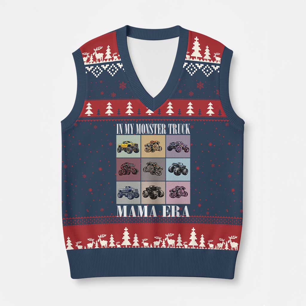 In My Monster Truck Mama Era V-Neck Knit Sweater Vest TS11 Navy Red Print Your Wear