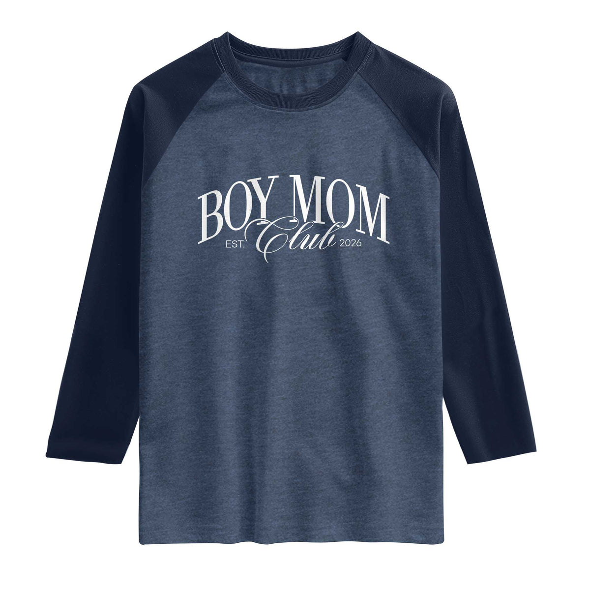 Boy Mom Club 2026 Raglan Shirt Funny Mother's Day Gift TS11 Heather Denim Navy Print Your Wear