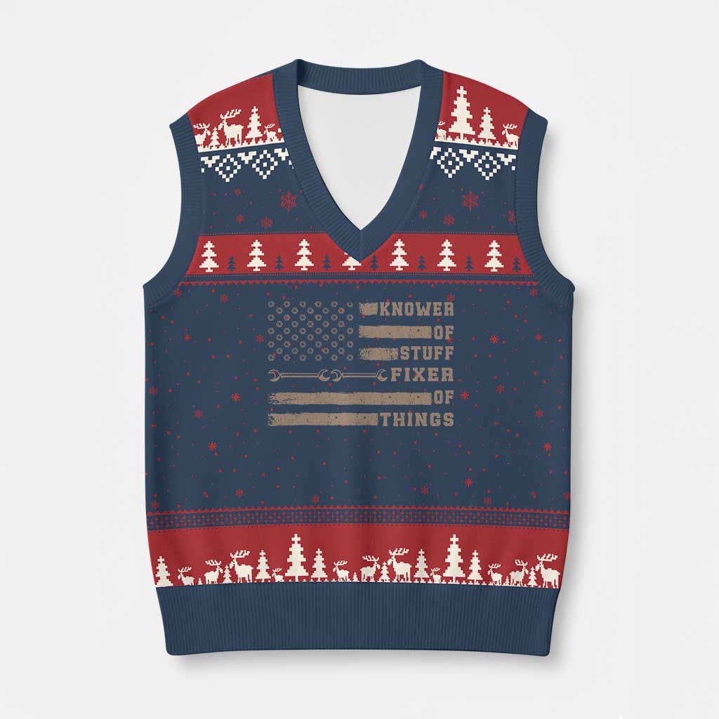 Knower Of Stuff Fixer Of Things V-Neck Knit Sweater Vest Funny Handyman Dad Husband Vintage American Flag TS11 Navy Red Print Your Wear