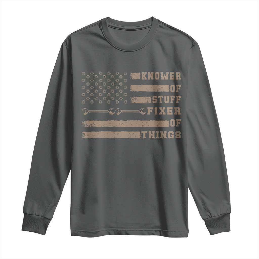 Knower Of Stuff Fixer Of Things Long Sleeve Shirt Funny Handyman Dad Husband Vintage American Flag TS11 Dark Heather Print Your Wear