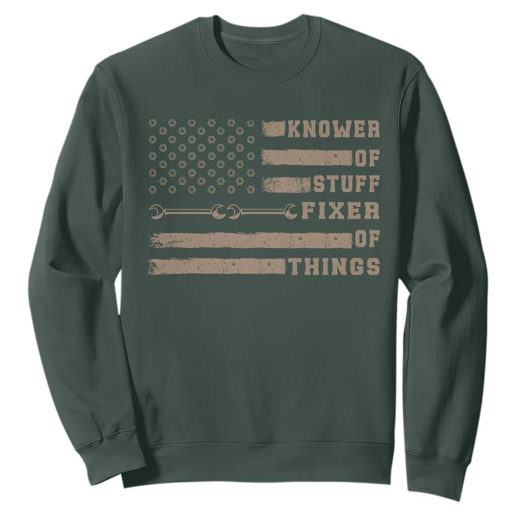 Knower Of Stuff Fixer Of Things Sweatshirt Funny Handyman Dad Husband Vintage American Flag TS11 Dark Forest Green Print Your Wear