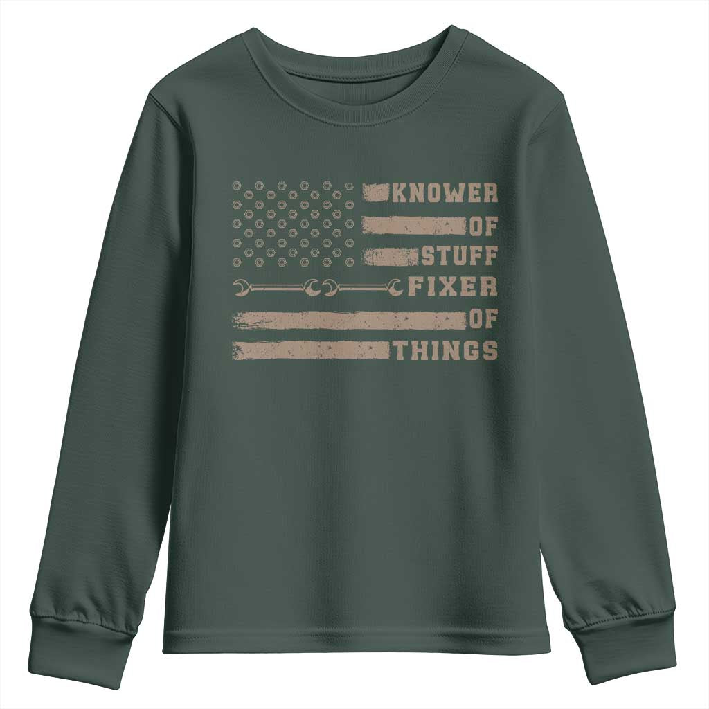 Knower Of Stuff Fixer Of Things Youth Sweatshirt Funny Handyman Dad Husband Vintage American Flag TS11 Dark Forest Green Print Your Wear
