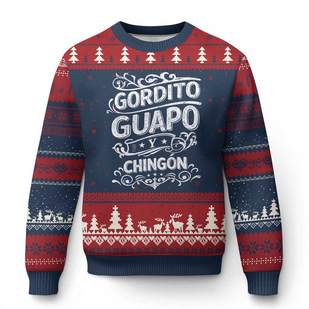 Gordito Guapo y Chingon Ugly Christmas Sweater Funny Mexican Spanish Saying TS11 Navy Red Print Your Wear