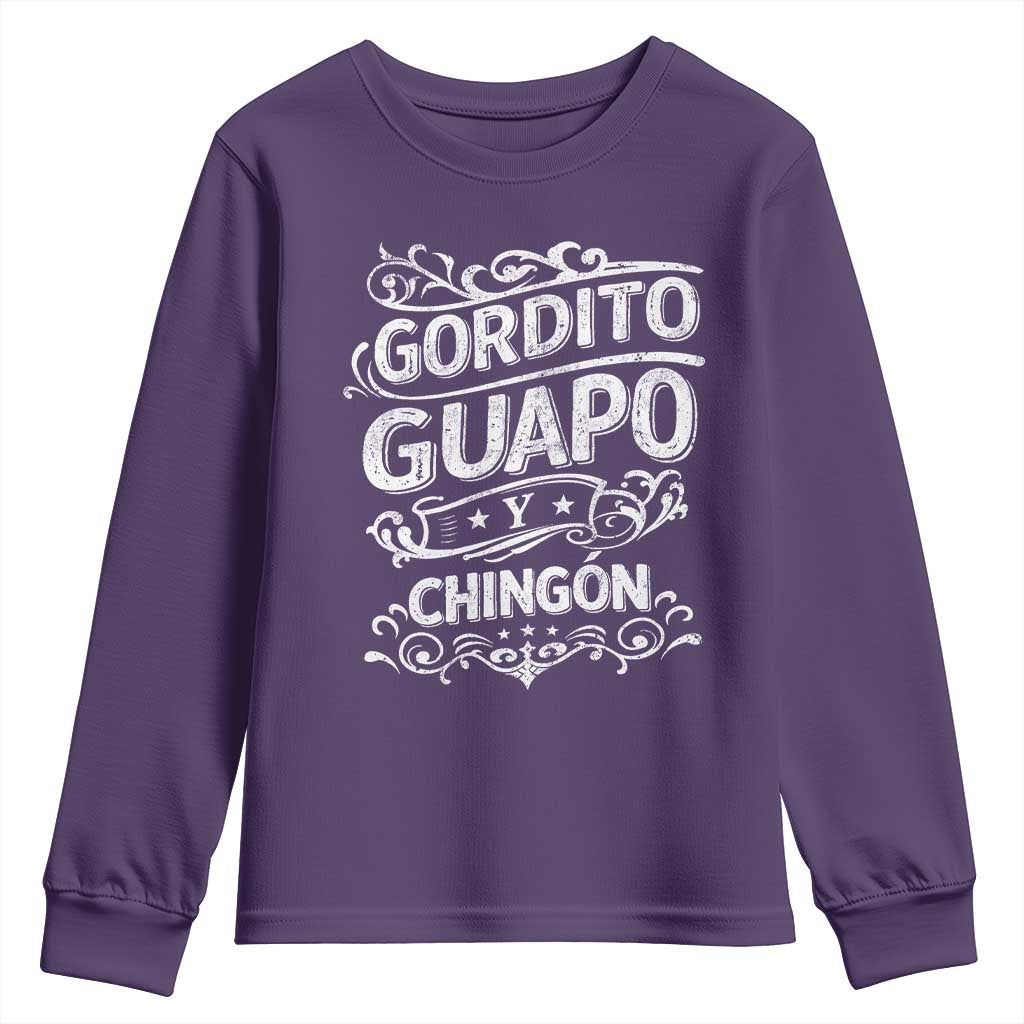 Gordito Guapo y Chingon Youth Sweatshirt Funny Mexican Spanish Saying TS11 Purple Print Your Wear