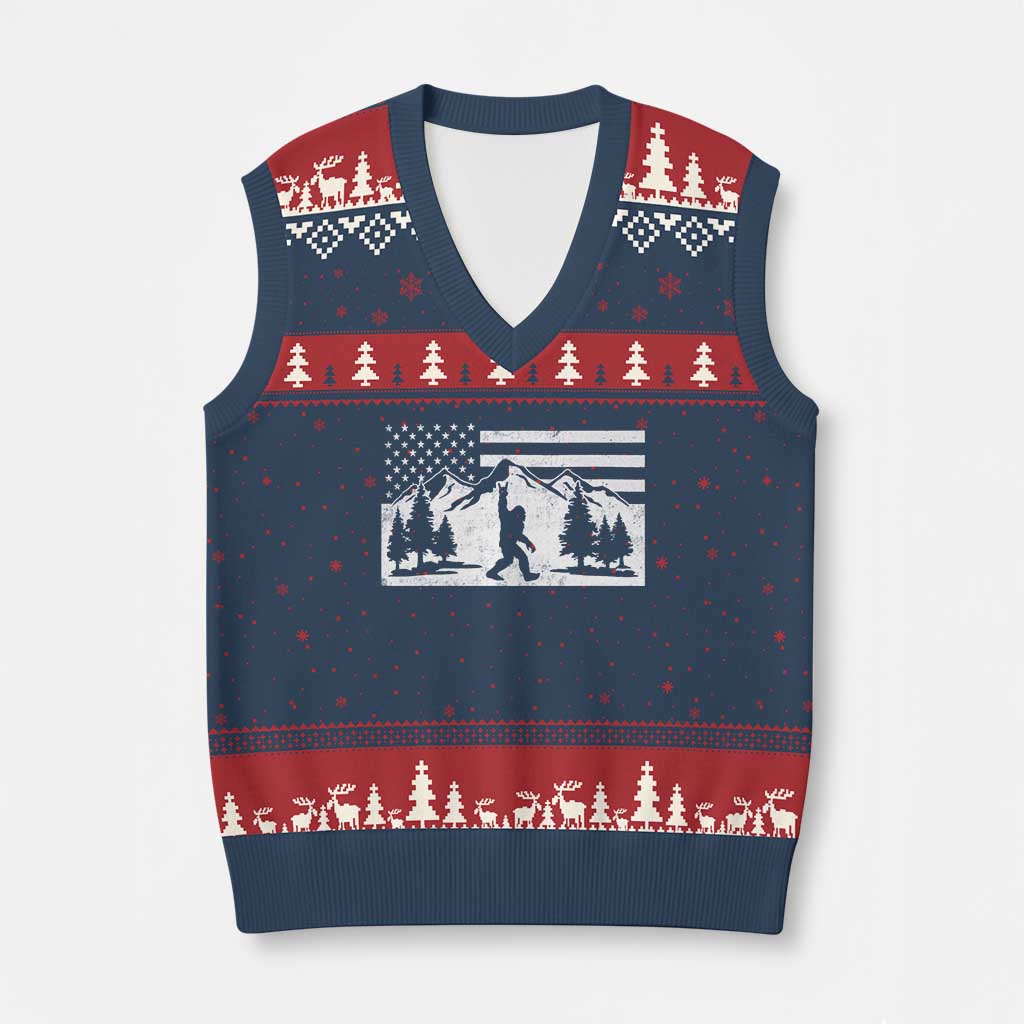 Patriotic Bigfoot American Flag in Forest V-Neck Knit Sweater Vest TS11 Navy Red Print Your Wear