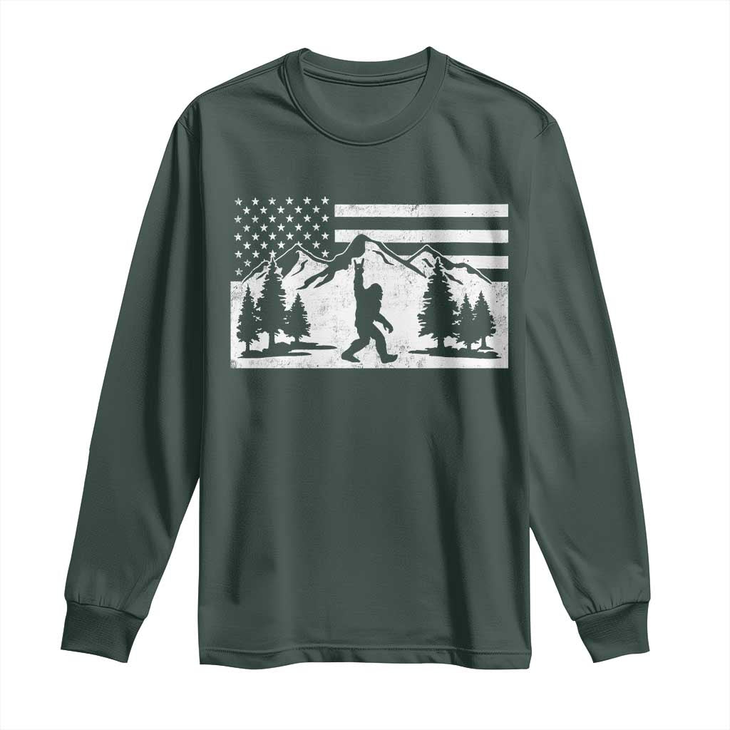 Patriotic Bigfoot American Flag in Forest Long Sleeve Shirt TS11 Dark Forest Green Print Your Wear