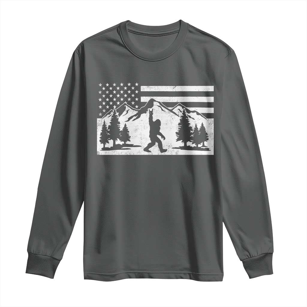 Patriotic Bigfoot American Flag in Forest Long Sleeve Shirt TS11 Dark Heather Print Your Wear