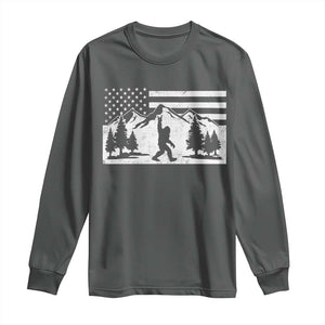 Patriotic Bigfoot American Flag in Forest Long Sleeve Shirt TS11 Dark Heather Print Your Wear