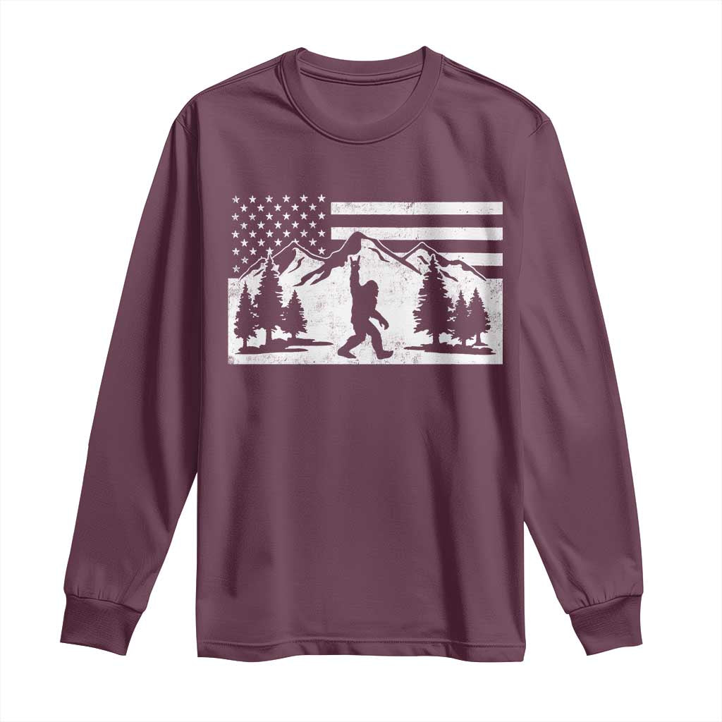Patriotic Bigfoot American Flag in Forest Long Sleeve Shirt TS11 Maroon Print Your Wear