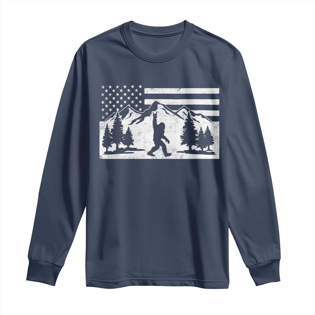Patriotic Bigfoot American Flag in Forest Long Sleeve Shirt TS11 Navy Print Your Wear