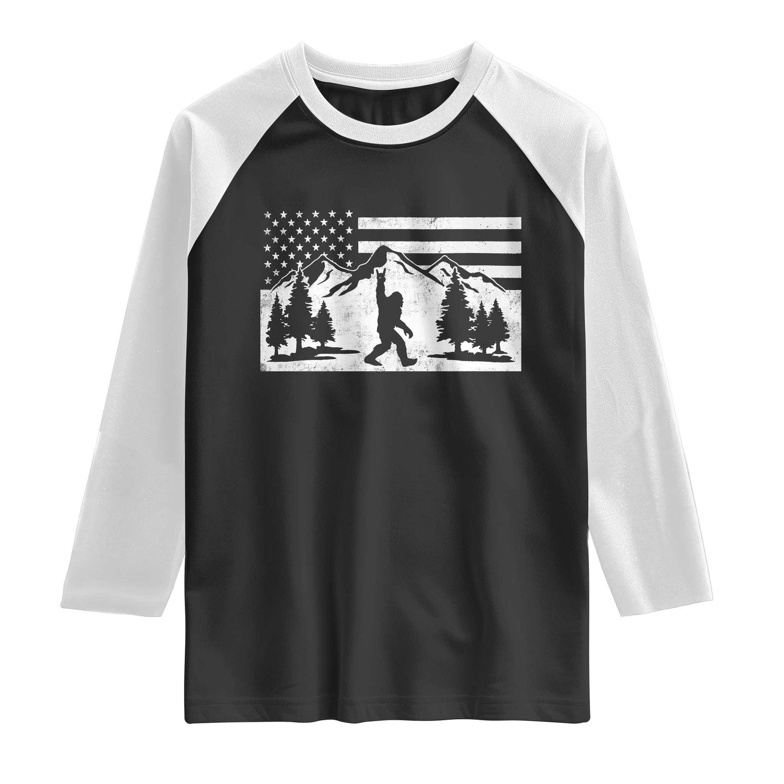 Patriotic Bigfoot American Flag in Forest Raglan Shirt TS11 Black White Print Your Wear