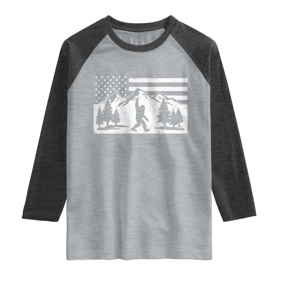 Patriotic Bigfoot American Flag in Forest Raglan Shirt TS11 Heather Gray Heather Charcoal Print Your Wear